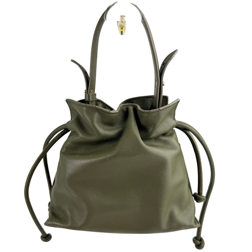 Sam Edelman Olive Green Leather Drawstring Bucket Bag Magnetic Closure Handbag - Picture 2 of 10